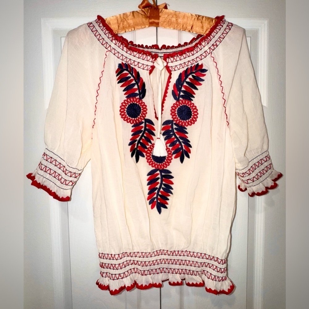 Tory Burch Blouse Mari Top Off/On Shoulder Floral Boho Peasant Sz XS EUC